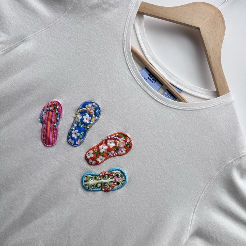 Vintage Jane Ashley White Shirt 1X Cotton Flip Flop Sequin Embroidered Y2K 90s